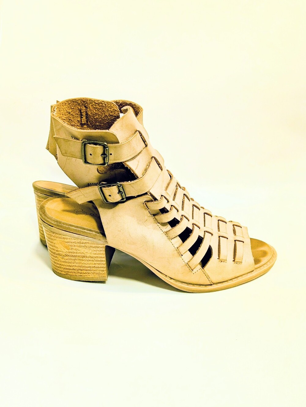 Qupid Beige Strappy Block Heel Sandals with Buckle Ankle